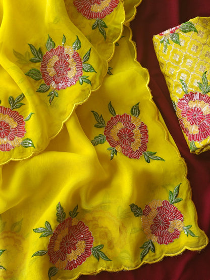 Prodigal Yellow Embroidery Work Organza Silk Saree With Eloquence Blouse Piece