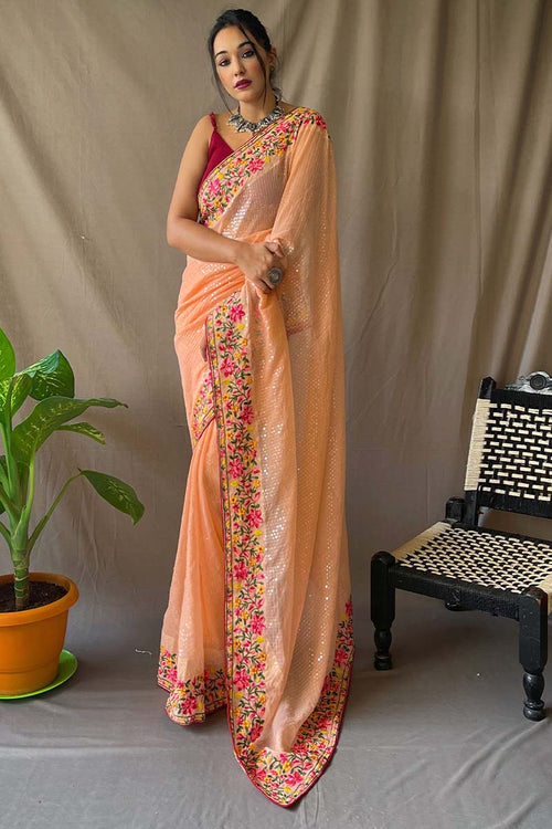 Load image into Gallery viewer, Quintessential Peach Sequence Work Georgette Saree With Forbearance Blouse Piece
