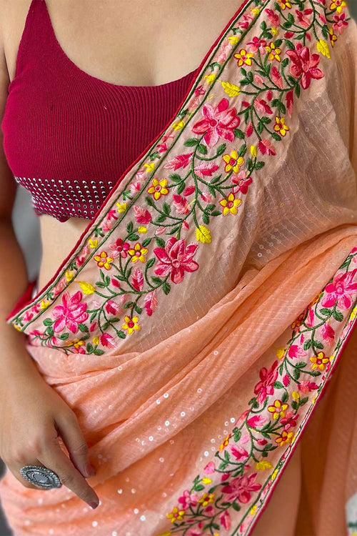 Load image into Gallery viewer, Quintessential Peach Sequence Work Georgette Saree With Forbearance Blouse Piece
