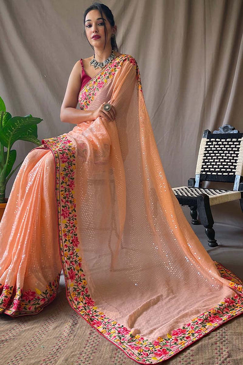 Load image into Gallery viewer, Quintessential Peach Sequence Work Georgette Saree With Forbearance Blouse Piece
