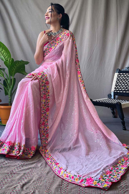 Load image into Gallery viewer, Dissemble Pink Sequence Work Georgette Saree With Enticing Blouse Piece
