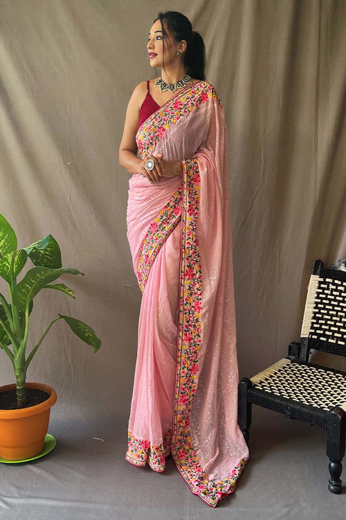 Load image into Gallery viewer, Dissemble Pink Sequence Work Georgette Saree With Enticing Blouse Piece
