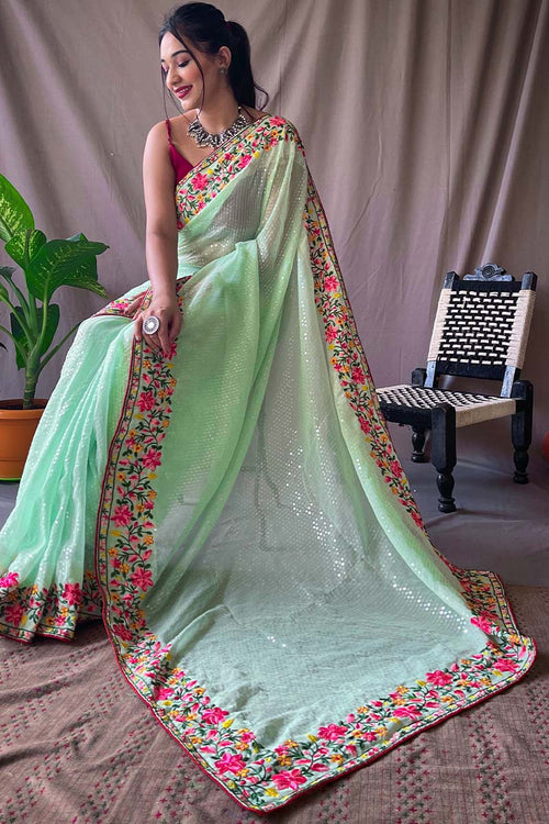 Load image into Gallery viewer, Murmurous Pista Sequence Work Georgette Saree With Dalliance Blouse Piece
