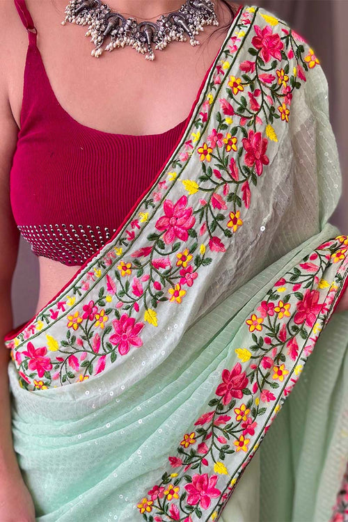 Load image into Gallery viewer, Murmurous Pista Sequence Work Georgette Saree With Dalliance Blouse Piece
