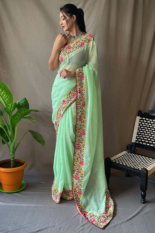 Load image into Gallery viewer, Murmurous Pista Sequence Work Georgette Saree With Dalliance Blouse Piece
