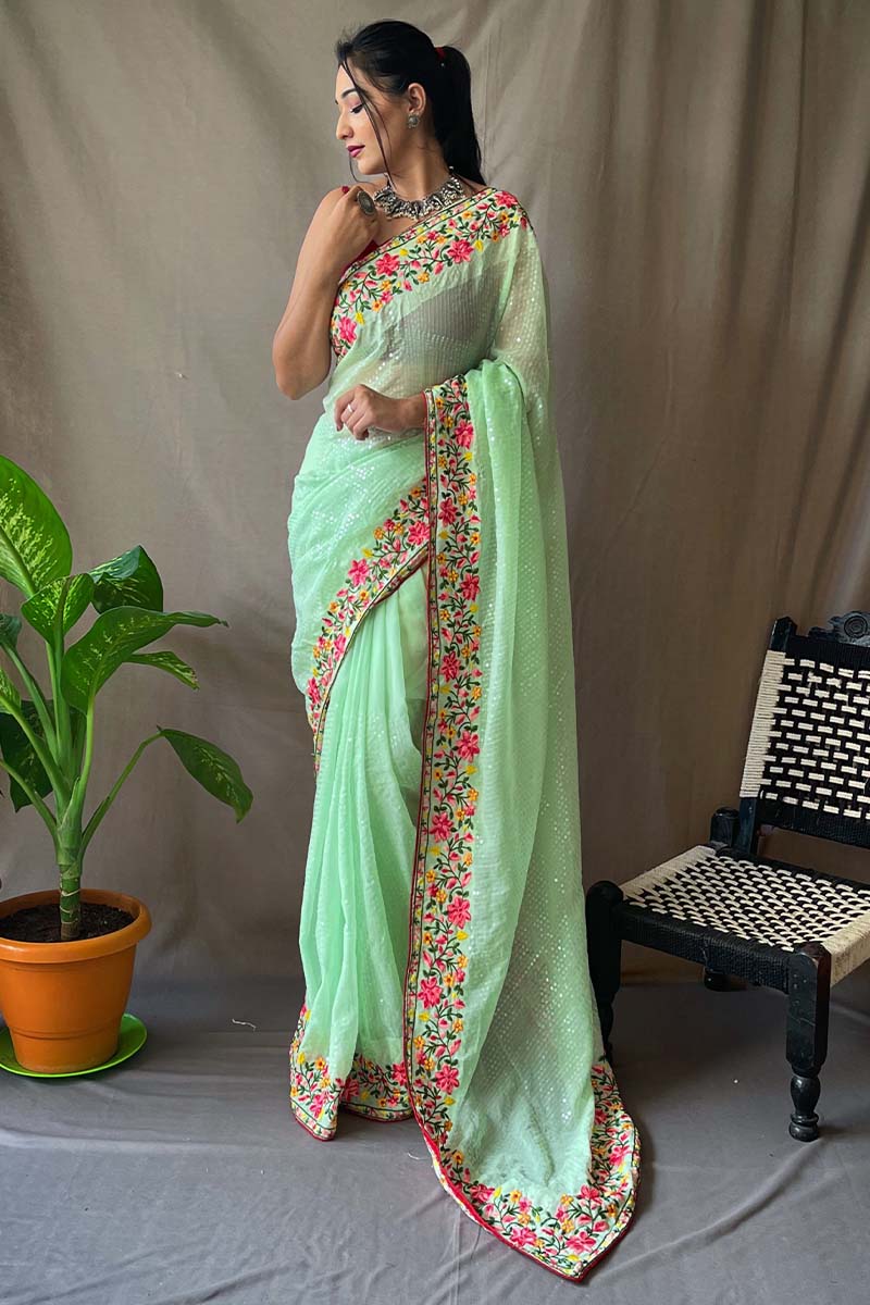 Murmurous Pista Sequence Work Georgette Saree With Dalliance Blouse Piece