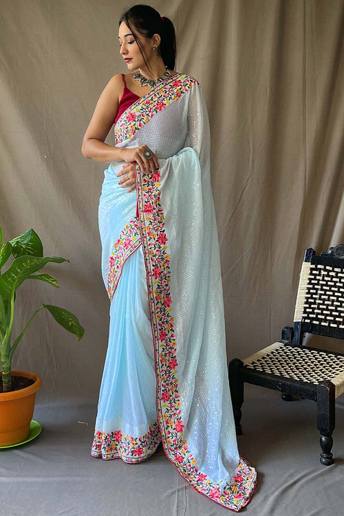 Load image into Gallery viewer, Traditional Sky Sequence Work Georgette Saree With Desirable Blouse Piece
