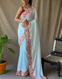 Traditional Sky Sequence Work Georgette Saree With Desirable Blouse Piece