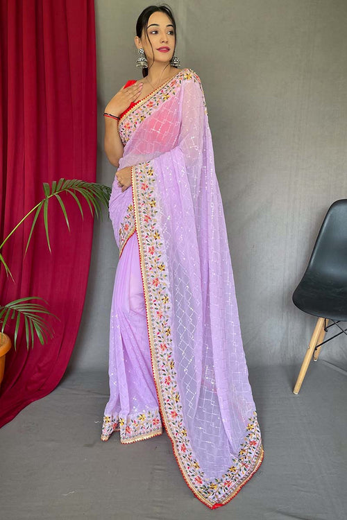 Load image into Gallery viewer, Breathtaking Lavender Sequence Work Georgette Saree With Ailurophile Blouse Piece
