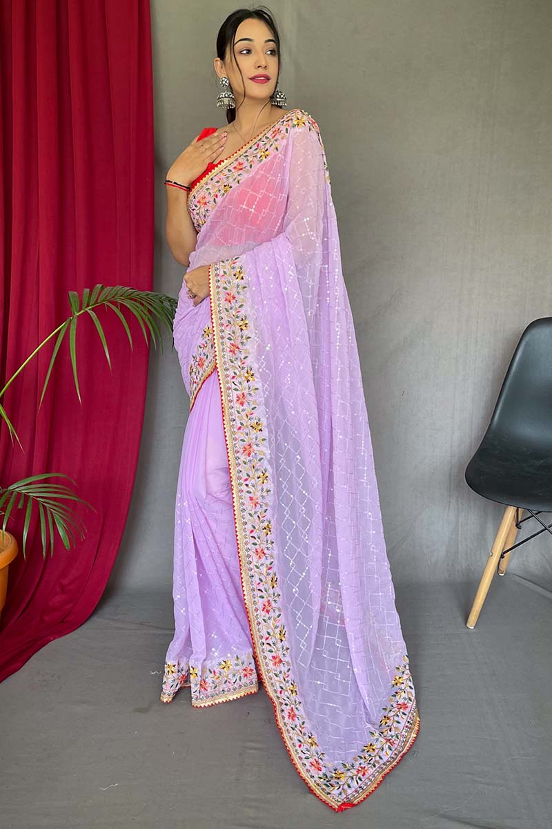 Breathtaking Lavender Sequence Work Georgette Saree With Ailurophile Blouse Piece