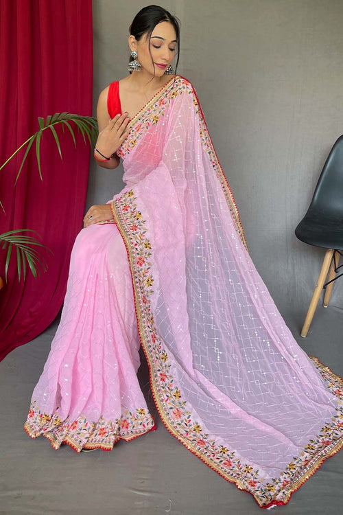 Load image into Gallery viewer, Pleasant Pink Sequence Work Georgette Saree With Engrossing Blouse Piece
