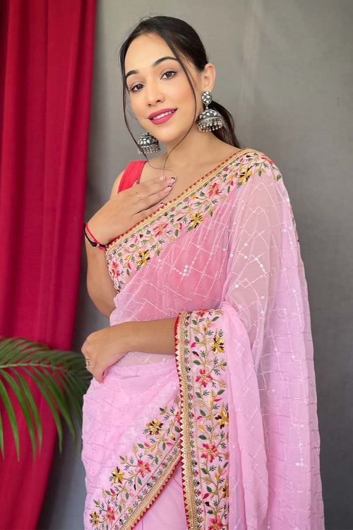 Load image into Gallery viewer, Pleasant Pink Sequence Work Georgette Saree With Engrossing Blouse Piece
