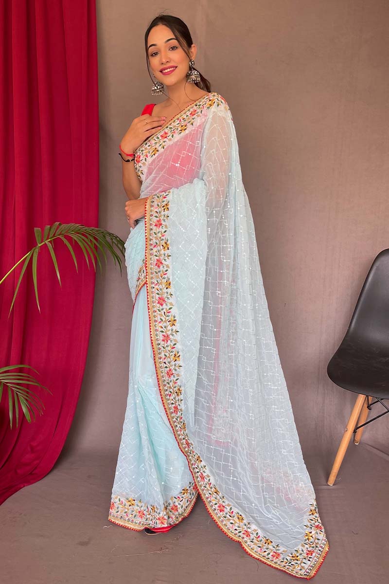 Stylish Sky Sequence Work Georgette Saree With Elegant Blouse Piece