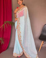 Stylish Sky Sequence Work Georgette Saree With Elegant Blouse Piece