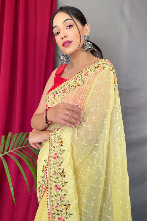 Load image into Gallery viewer, Glowing Yellow Sequence Work Georgette Saree With Prominent Blouse Piece
