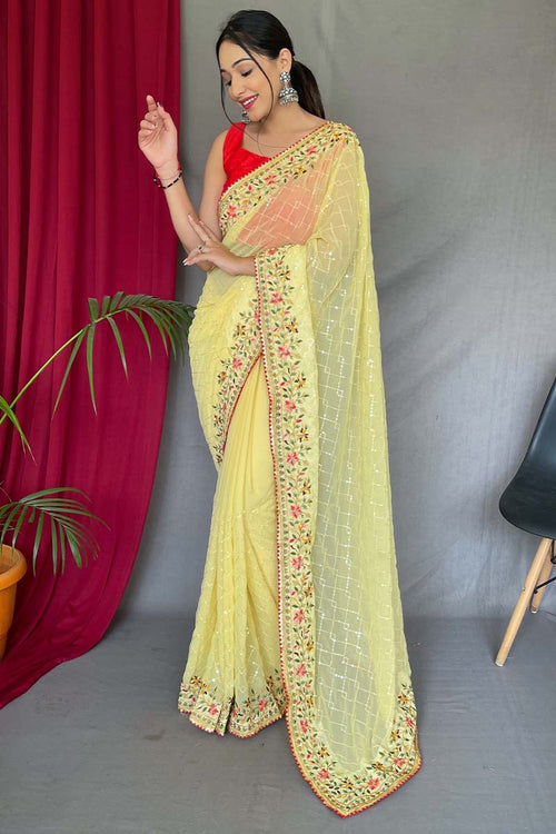 Load image into Gallery viewer, Glowing Yellow Sequence Work Georgette Saree With Prominent Blouse Piece
