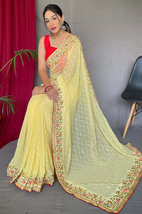 Load image into Gallery viewer, Glowing Yellow Sequence Work Georgette Saree With Prominent Blouse Piece
