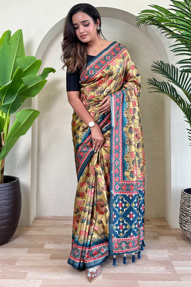 Scintilla Beige Kalamkari Printed Viscose Dola Silk Saree With Gossamer Blouse Piece