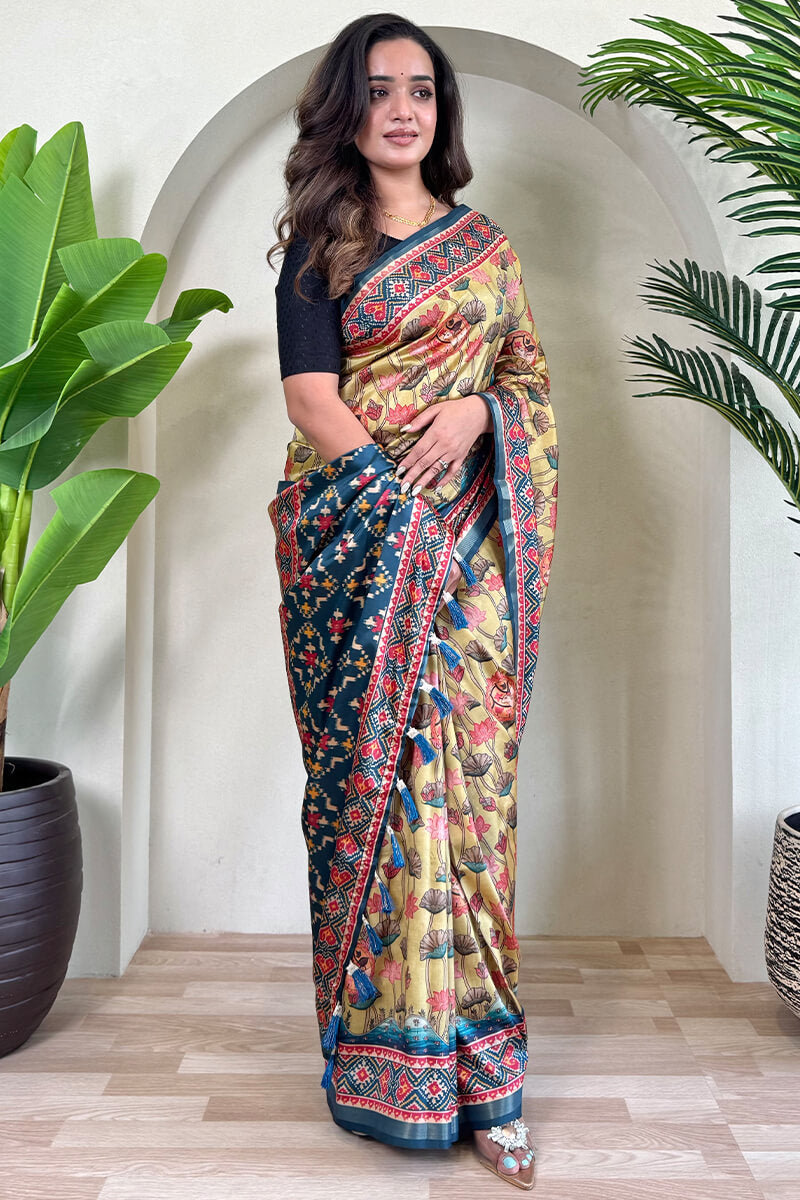 Scintilla Beige Kalamkari Printed Viscose Dola Silk Saree With Gossamer Blouse Piece