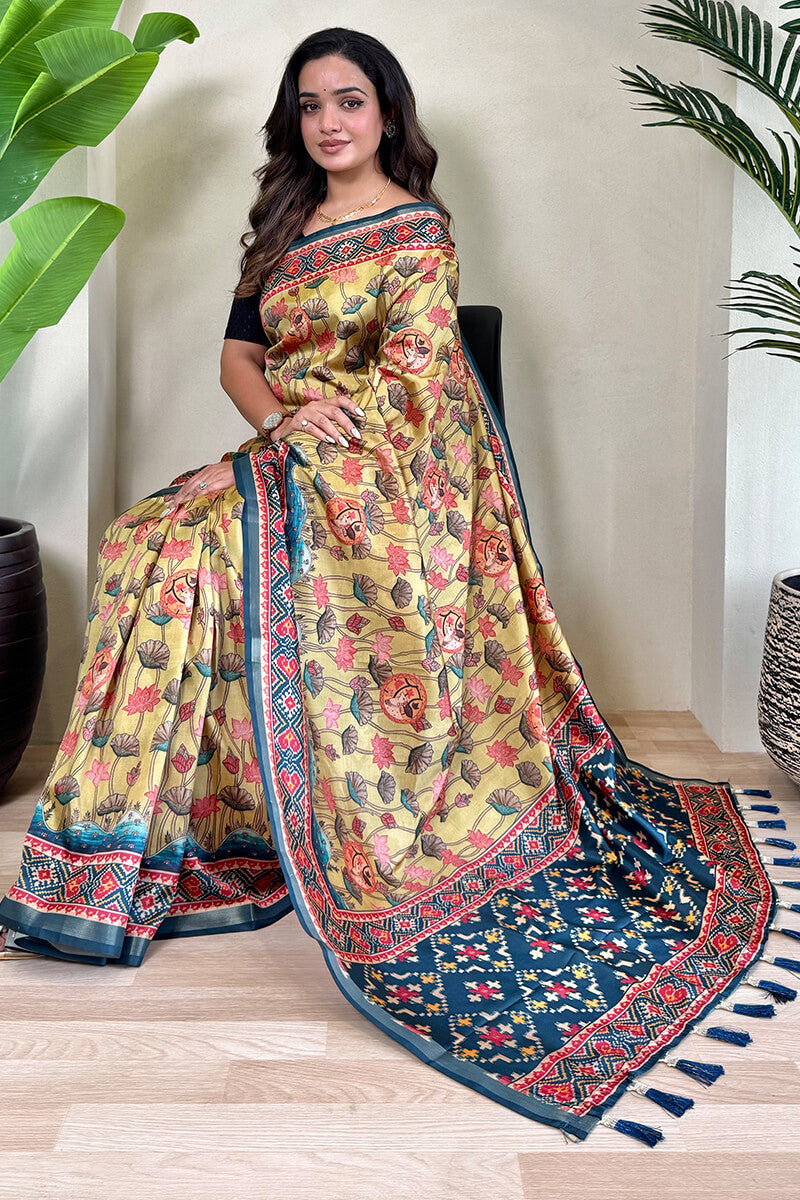 Scintilla Beige Kalamkari Printed Viscose Dola Silk Saree With Gossamer Blouse Piece