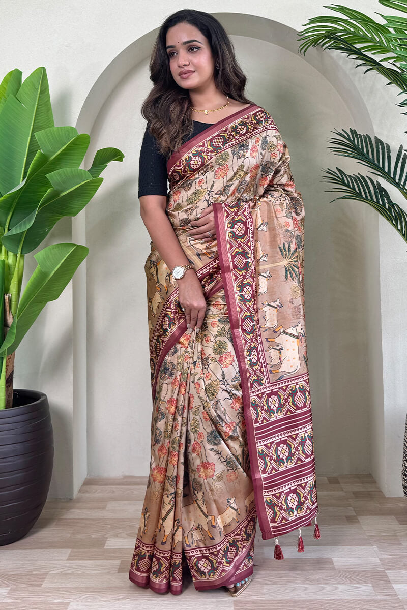 Susurrous Brown Kalamkari Printed Viscose Dola Silk Saree With Pleasurable Blouse Piece
