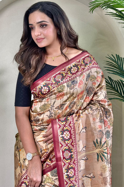 Susurrous Brown Kalamkari Printed Viscose Dola Silk Saree With Pleasurable Blouse Piece