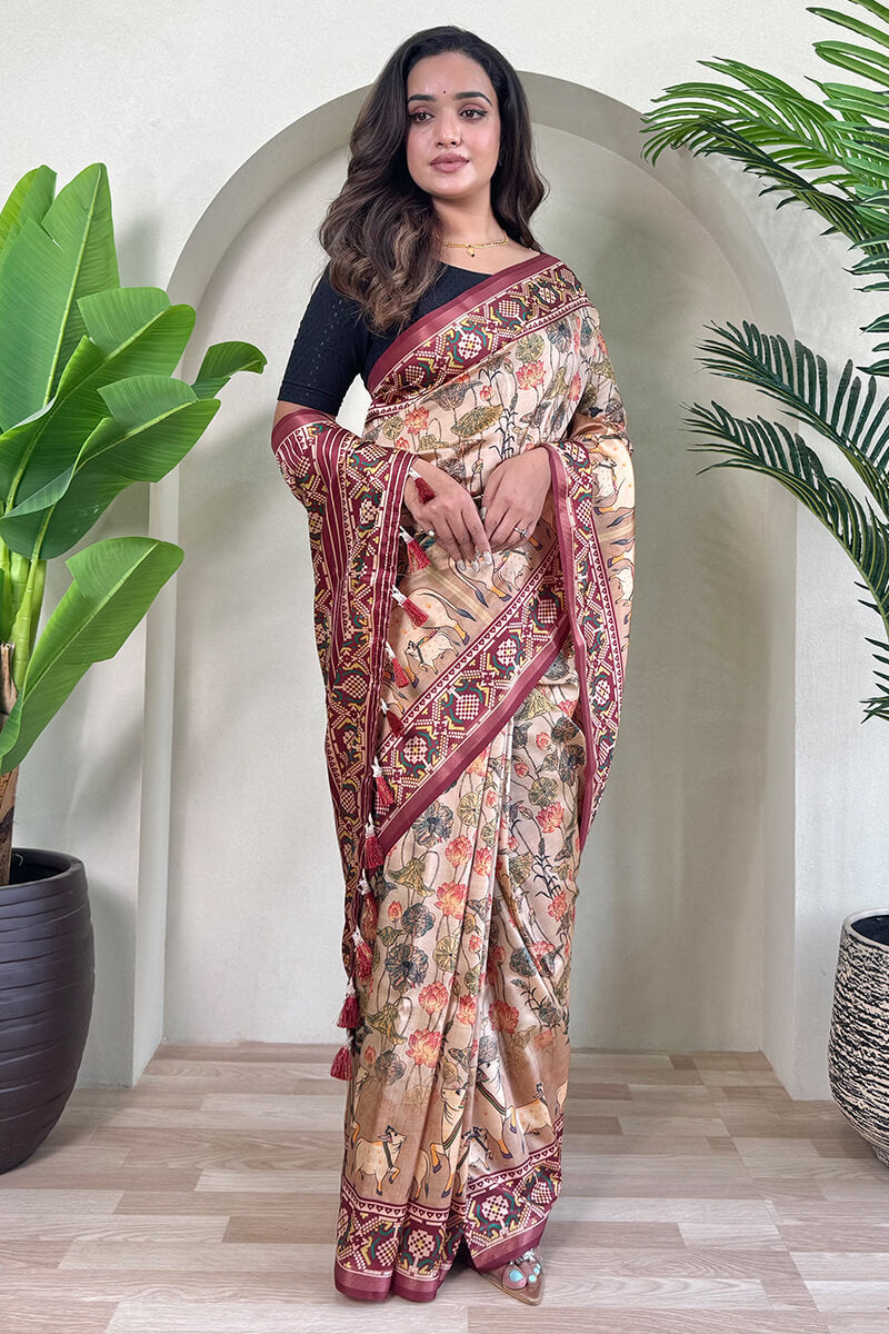 Susurrous Brown Kalamkari Printed Viscose Dola Silk Saree With Pleasurable Blouse Piece