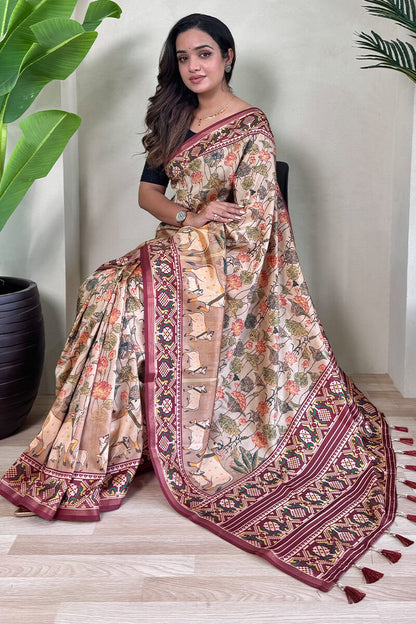 Susurrous Brown Kalamkari Printed Viscose Dola Silk Saree With Pleasurable Blouse Piece
