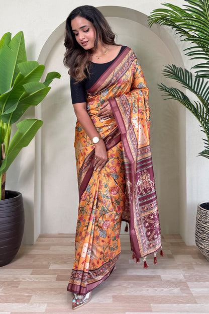 Engaging Orange Kalamkari Printed Viscose Dola Silk Saree With Artistic Blouse Piece