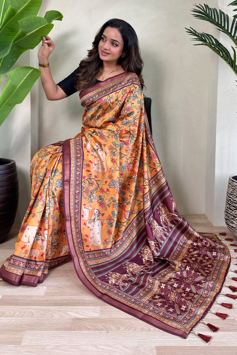 Engaging Orange Kalamkari Printed Viscose Dola Silk Saree With Artistic Blouse Piece