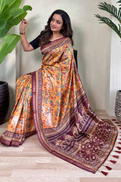 Engaging Orange Kalamkari Printed Viscose Dola Silk Saree With Artistic Blouse Piece