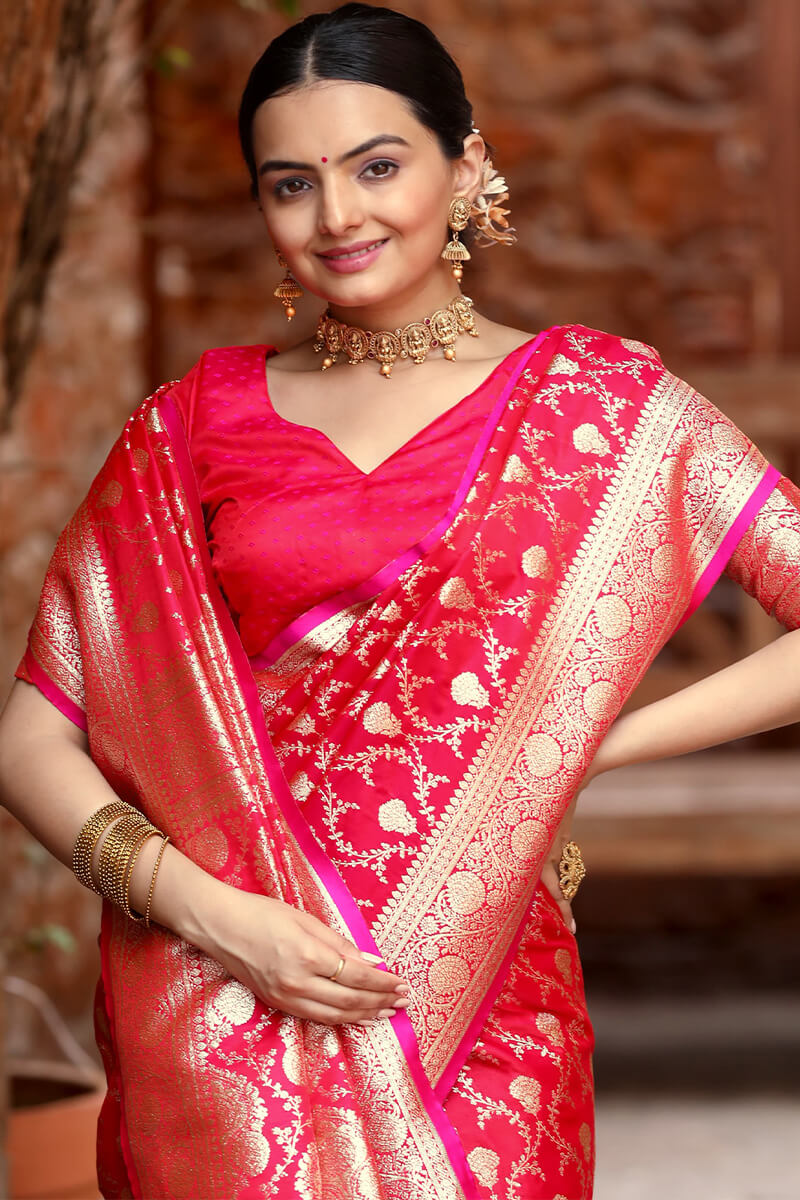 Attractive Dark Pink Soft Banarasi Silk Saree With Amazing Blouse Piece