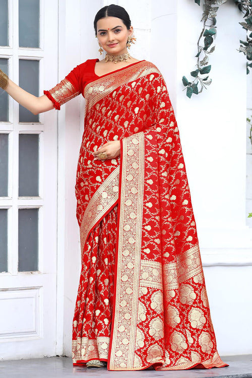 Load image into Gallery viewer, Wonderful Red Soft Banarasi Silk Saree With Dazzling Blouse Piece
