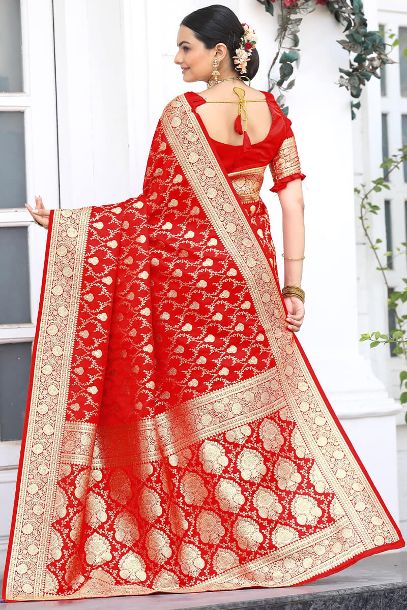 Wonderful Red Soft Banarasi Silk Saree With Dazzling Blouse Piece