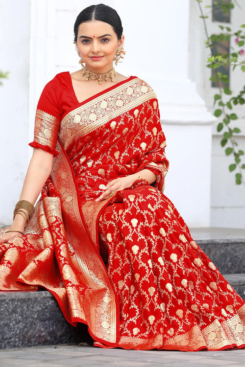 Load image into Gallery viewer, Wonderful Red Soft Banarasi Silk Saree With Dazzling Blouse Piece
