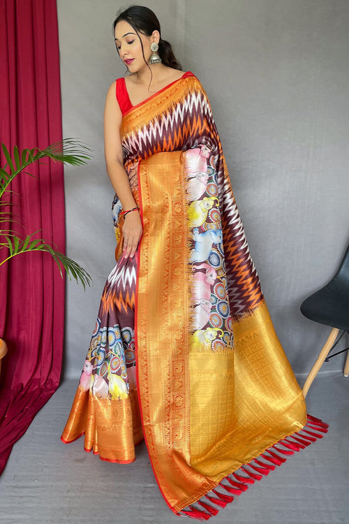 Load image into Gallery viewer, Delightful Wine Kalamkari Printed Saree With Twirling Blouse Piece
