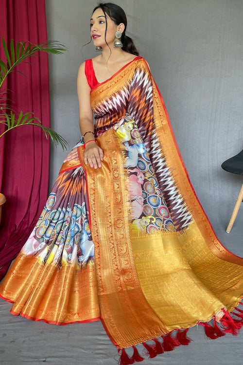 Load image into Gallery viewer, Delightful Wine Kalamkari Printed Saree With Twirling Blouse Piece
