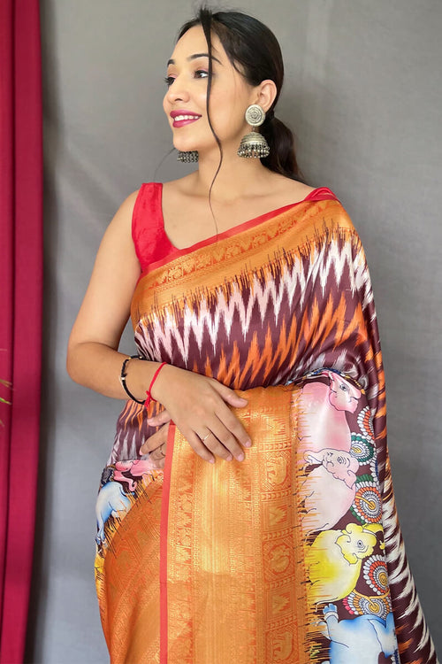 Load image into Gallery viewer, Delightful Wine Kalamkari Printed Saree With Twirling Blouse Piece
