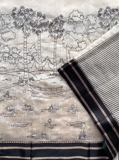 Preferable Off White Printed Cotton Silk Saree With Traditional Blouse Piece