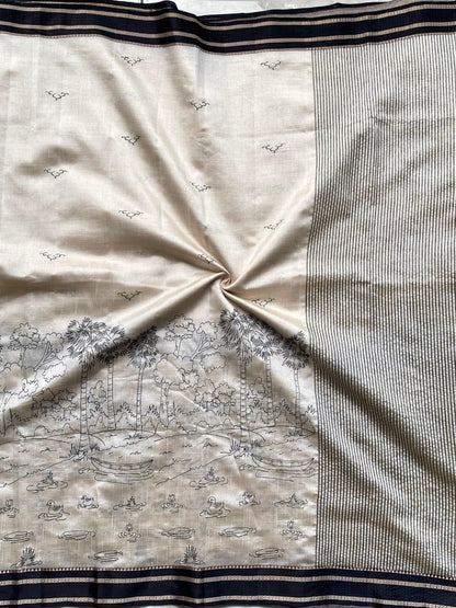 Preferable Off White Printed Cotton Silk Saree With Traditional Blouse Piece