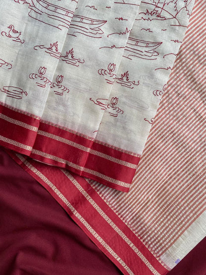 Evocative Off White Printed Cotton Silk Saree With Ethereal Blouse Piece