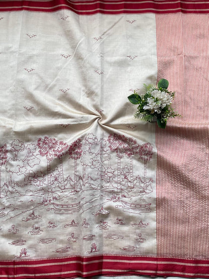 Evocative Off White Printed Cotton Silk Saree With Ethereal Blouse Piece