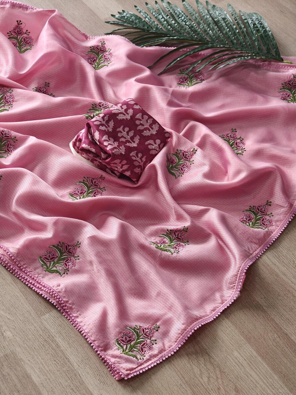 Magnetic Pink Embroidery Work Kota Doriya Silk Saree With Classy Blouse Piece