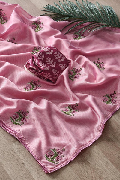 Magnetic Pink Embroidery Work Kota Doriya Silk Saree With Classy Blouse Piece