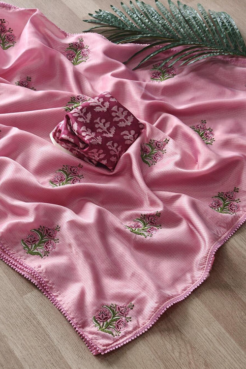 Load image into Gallery viewer, Magnetic Pink Embroidery Work Kota Doriya Silk Saree With Classy Blouse Piece
