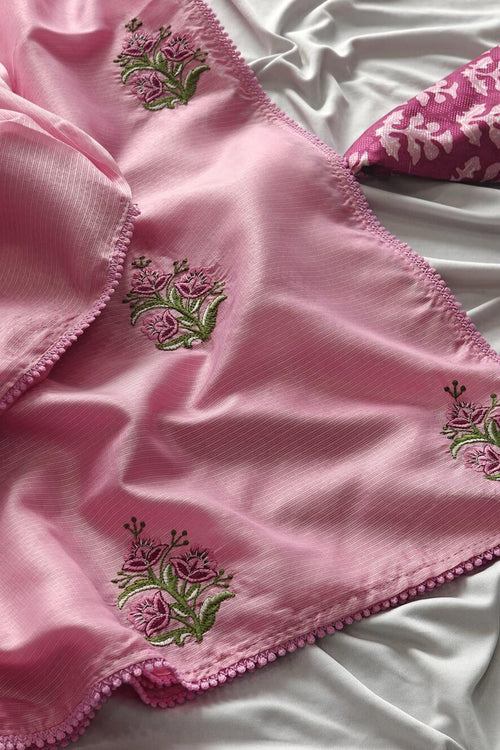 Load image into Gallery viewer, Magnetic Pink Embroidery Work Kota Doriya Silk Saree With Classy Blouse Piece
