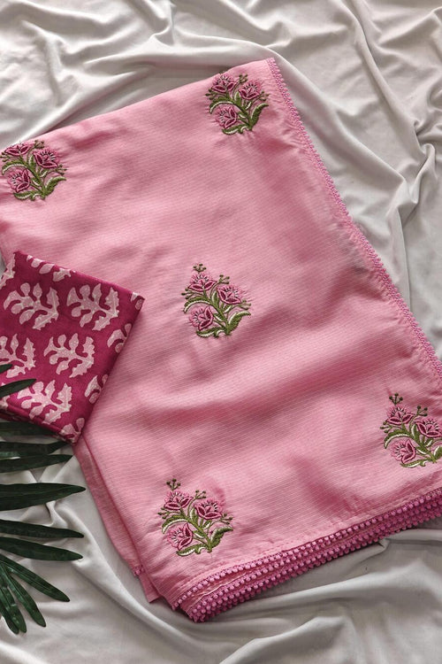 Load image into Gallery viewer, Magnetic Pink Embroidery Work Kota Doriya Silk Saree With Classy Blouse Piece
