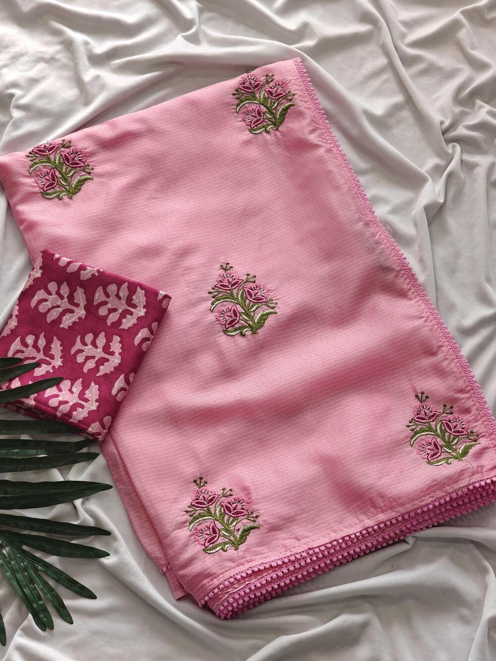 Magnetic Pink Embroidery Work Kota Doriya Silk Saree With Classy Blouse Piece