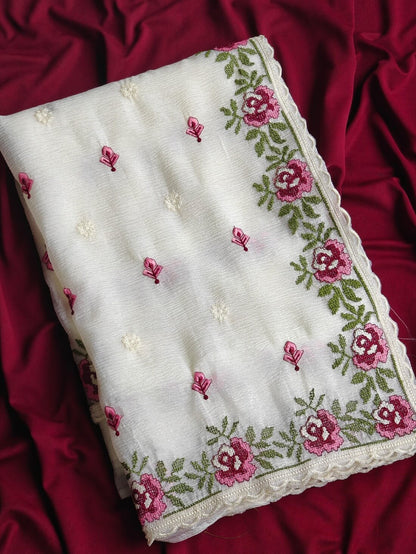 Whimsical Off White Embroidery Work Crush Chiffon Silk Saree With Blissful Blouse Piece