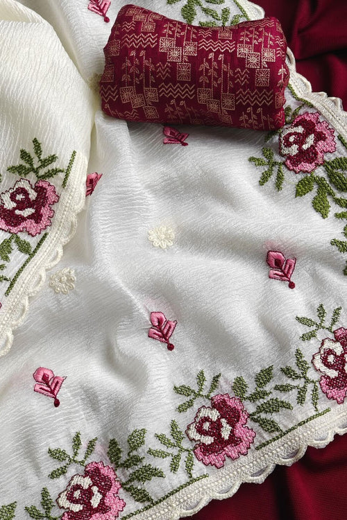 Load image into Gallery viewer, Whimsical Off White Embroidery Work Crush Chiffon Silk Saree With Blissful Blouse Piece
